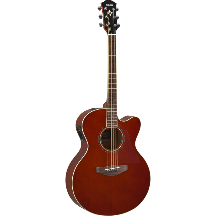 Yamaha CPX600 in Root Beer, front view showing the SYSTEM65 preamp control panel on the upper bout, cutaway body and snowflake headstock inlay