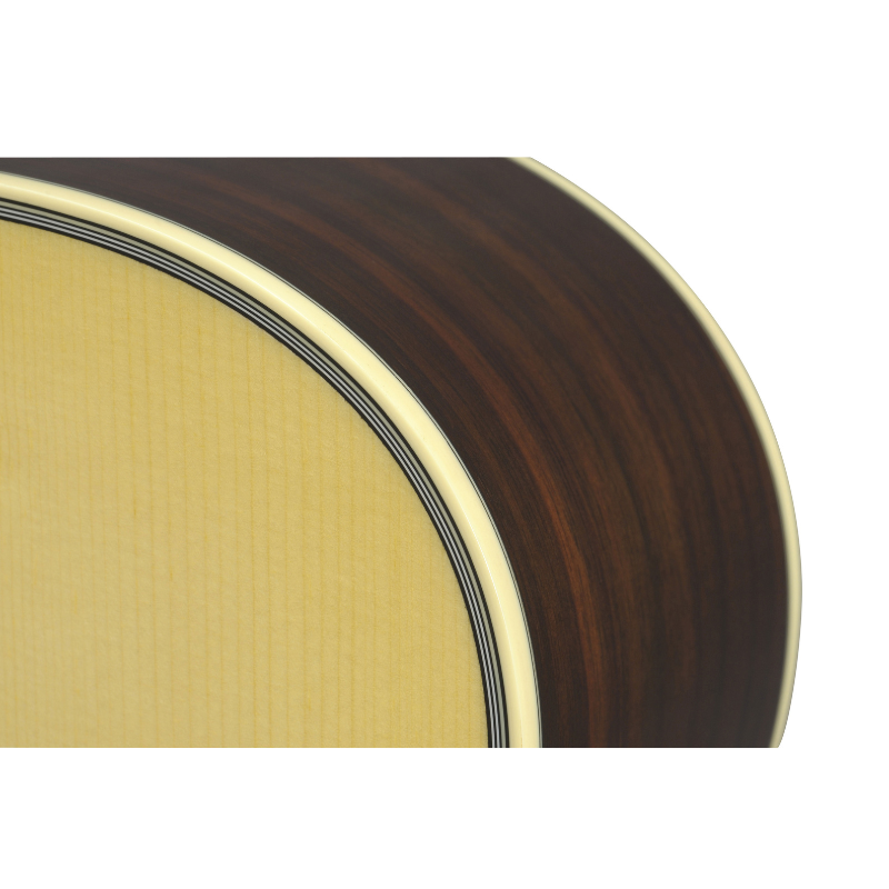 Close-up of the Yamaha LL6 body edge, showing the solid spruce top, cream and black binding, and rosewood side