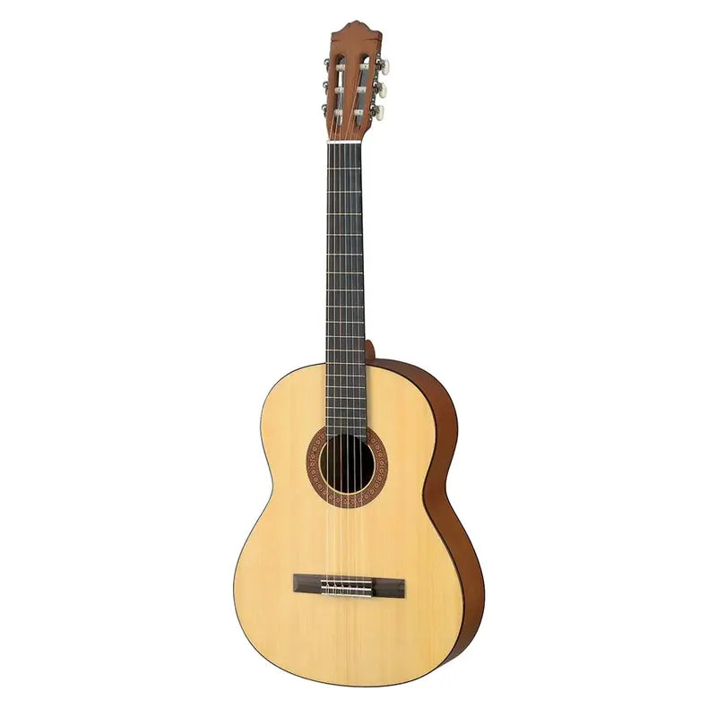 Yamaha C40M full-size nylon-string classical guitar in a natural matt satin finish, front view showing the spruce top, decorative rosette, rosewood bridge and slotted headstock with chrome tuners