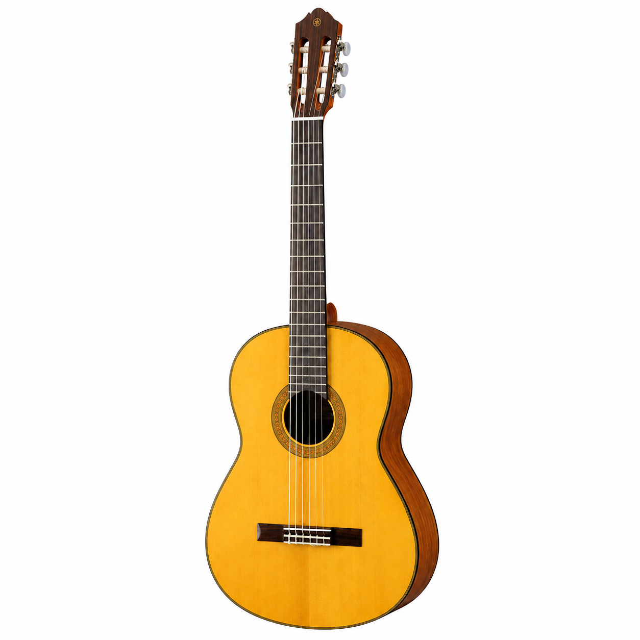Yamaha CG122MS classical guitar in a natural matt finish, front view showing the solid spruce top, decorative rosette, rosewood fingerboard and bridge, and slotted headstock with chrome tuners