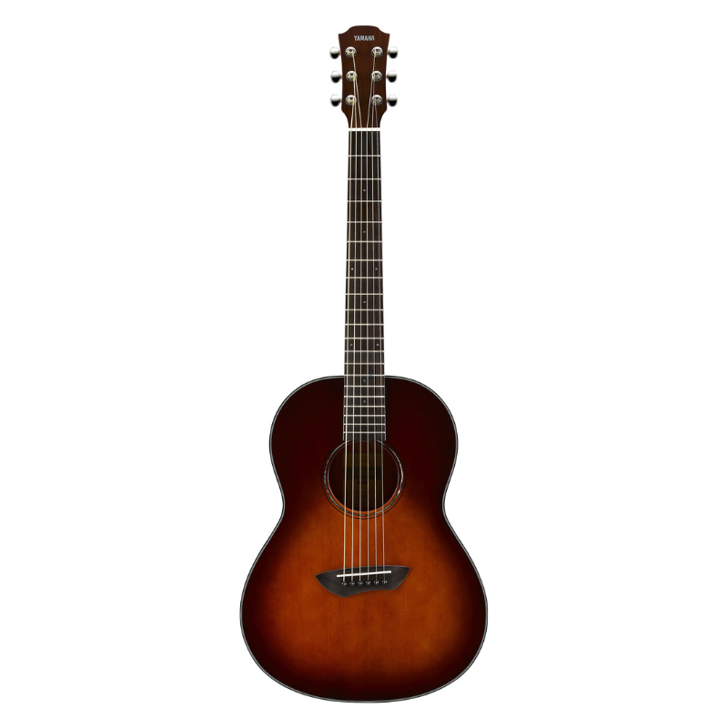 Front view of the Yamaha CSF1M in Tobacco Brown Sunburst, showing the parlour body shape, rosewood fingerboard and chrome die-cast tuners
