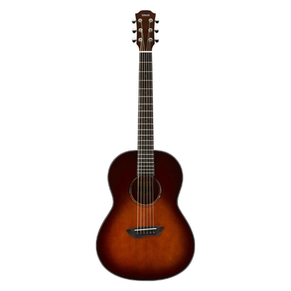 Front view of the Yamaha CSF1M in Tobacco Brown Sunburst, showing the parlour body shape, rosewood fingerboard and chrome die-cast tuners