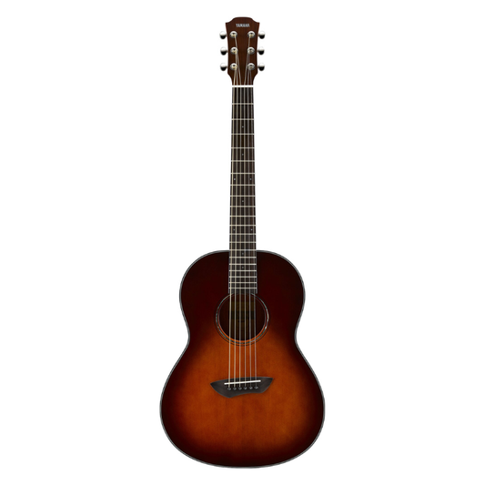 Front view of the Yamaha CSF1M in Tobacco Brown Sunburst, showing the parlour body shape, rosewood fingerboard and chrome die-cast tuners