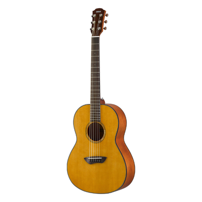 Yamaha CSF1M parlour guitar in Vintage Natural, angled three-quarter view showing the solid Sitka spruce top and mahogany sides