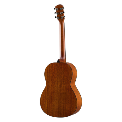 Rear view of the Yamaha CSF1M showing the mahogany back and sides, nato neck and chrome die-cast tuners