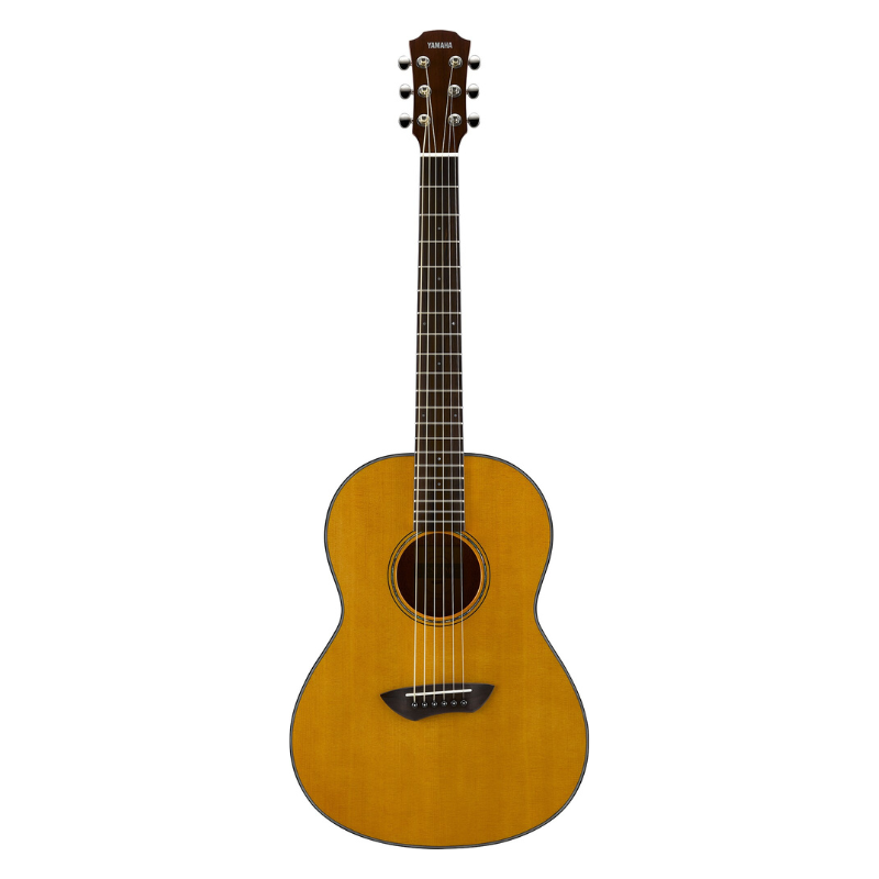 Front view of the Yamaha CSF1M in Vintage Natural, showing the matte solid spruce top, black and white body binding and rosewood bridge