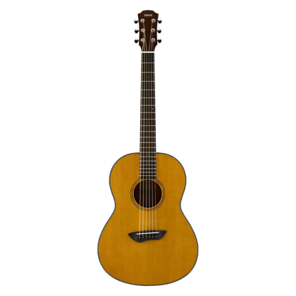 Front view of the Yamaha CSF1M in Vintage Natural, showing the matte solid spruce top, black and white body binding and rosewood bridge