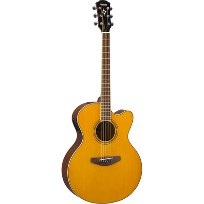 Yamaha CPX600 in Vintage Tint, front view showing the amber spruce top, contrasting darker sides, cutaway and side-mounted preamp panel
