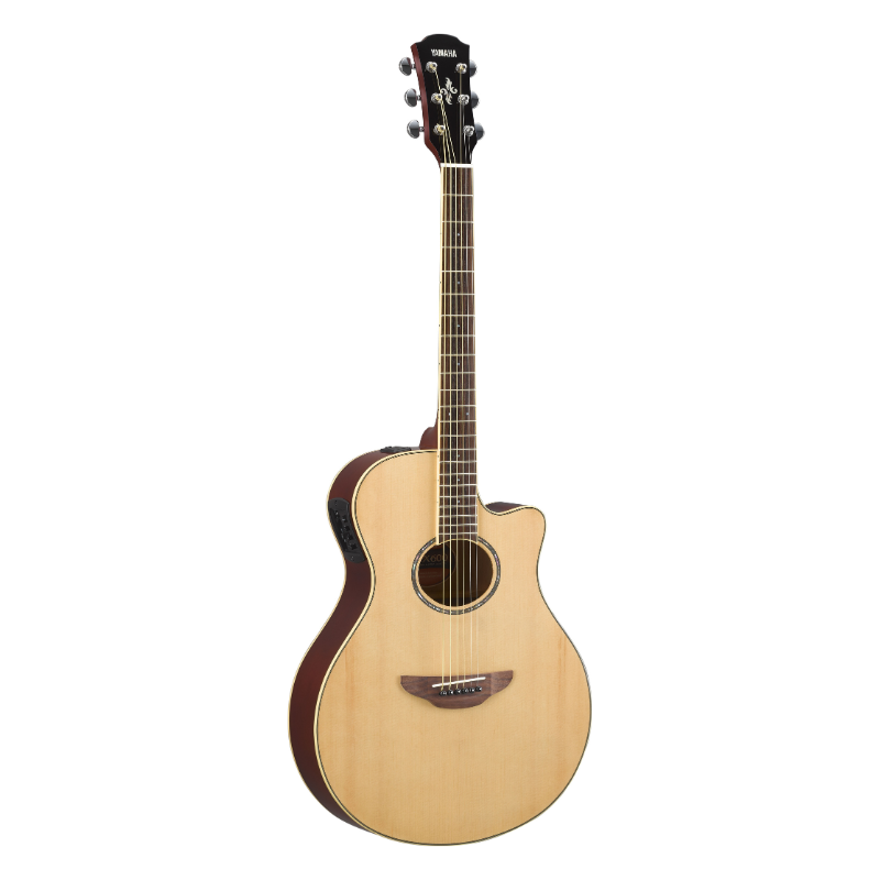 Yamaha APX600 in Natural, front view showing the spruce top, contrasting reddish-brown sides, cutaway and rosewood bridge