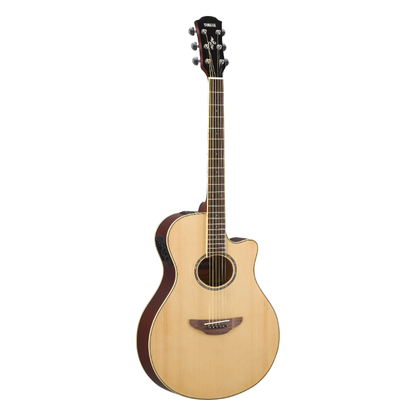 Yamaha APX600 in Natural, front view showing the spruce top, contrasting reddish-brown sides, cutaway and rosewood bridge