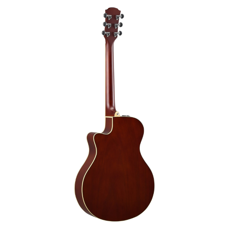 Rear view of the Yamaha APX600 in Natural, showing the reddish-brown back, sides and neck, cream binding and the shallow thinline body depth