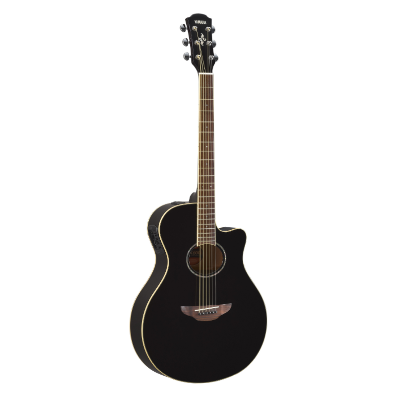 Yamaha APX600 thinline electro-acoustic guitar in Black, front view showing the cutaway body, round soundhole, ivory binding and side-mounted SYSTEM65 preamp panel