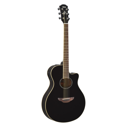 Yamaha APX600 thinline electro-acoustic guitar in Black, front view showing the cutaway body, round soundhole, ivory binding and side-mounted SYSTEM65 preamp panel