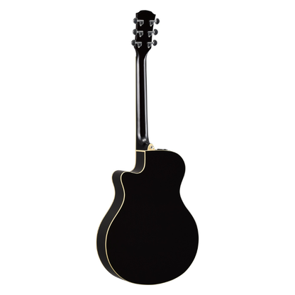 Rear view of the Yamaha APX600 in Black, showing the thinline body depth, cream binding, strap button and end-pin output jack
