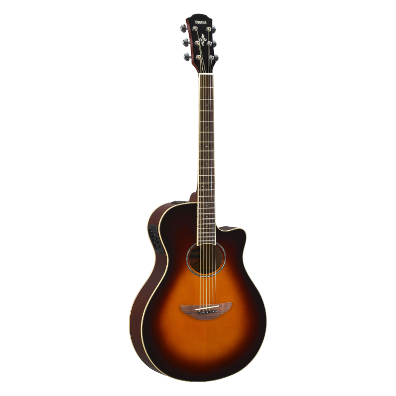 Yamaha APX600 in Old Violin Sunburst, front view showing the warm sunburst top, cutaway body and decorative soundhole rosette