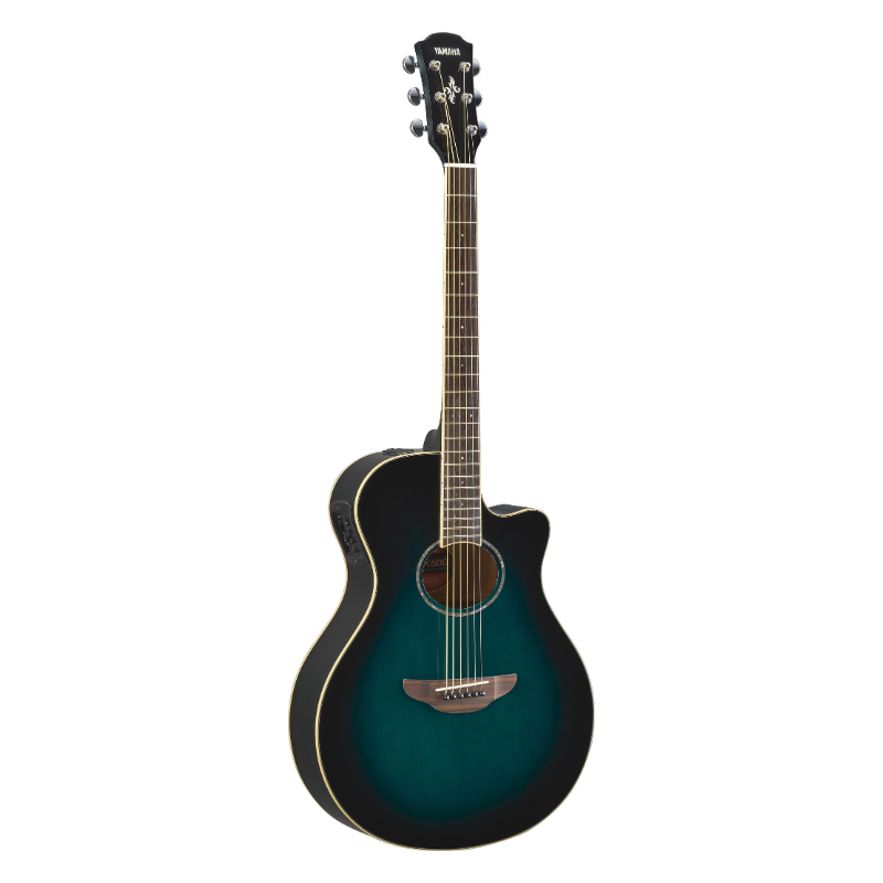 Yamaha APX600 in Oriental Blueburst, front view showing the deep teal-to-black burst finish, cutaway body and chrome die-cast tuners