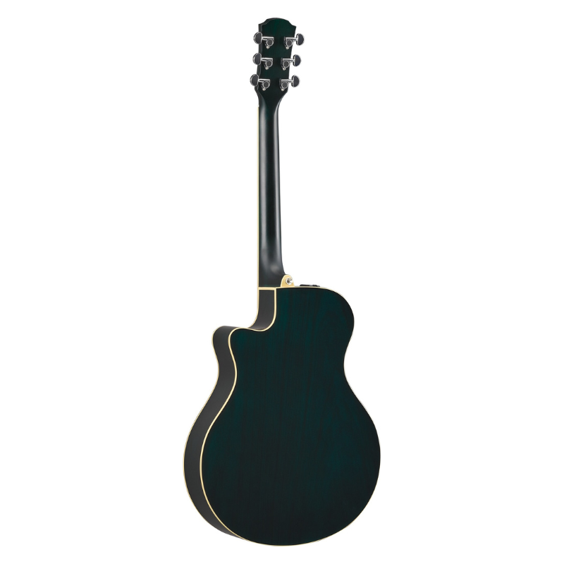 Rear view of the Yamaha APX600 in Oriental Blueburst, showing the teal back and sides, cream binding and slim electric-style neck