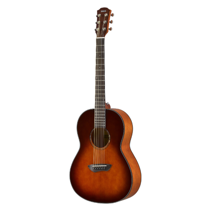 Yamaha CSF1M parlour guitar in Tobacco Brown Sunburst, angled three-quarter view showing the compact body, solid spruce top, mahogany sides and rosewood bridge