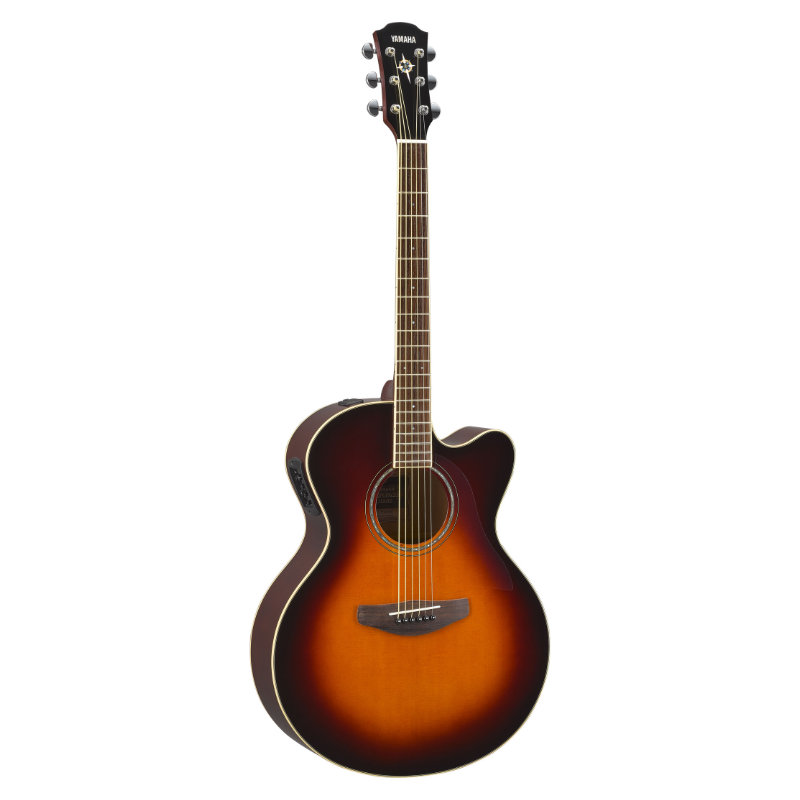 Yamaha CPX600 in Old Violin Sunburst, front view showing the cutaway body, ivory and black binding and decorative soundhole rosette
