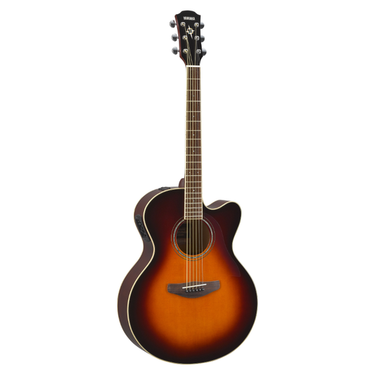 Yamaha CPX600 in Old Violin Sunburst, front view showing the cutaway body, ivory and black binding and decorative soundhole rosette