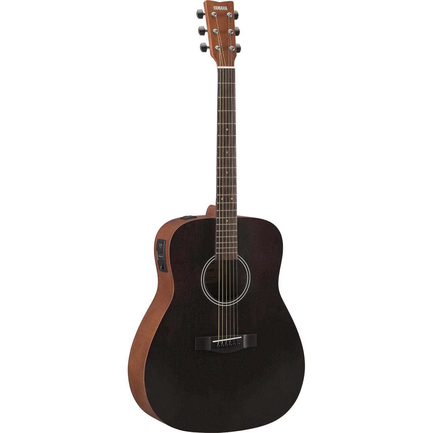 Yamaha FX400 electro-acoustic guitar in Smoky Black, angled front view with SYSTEM75 preamp on the upper bout
