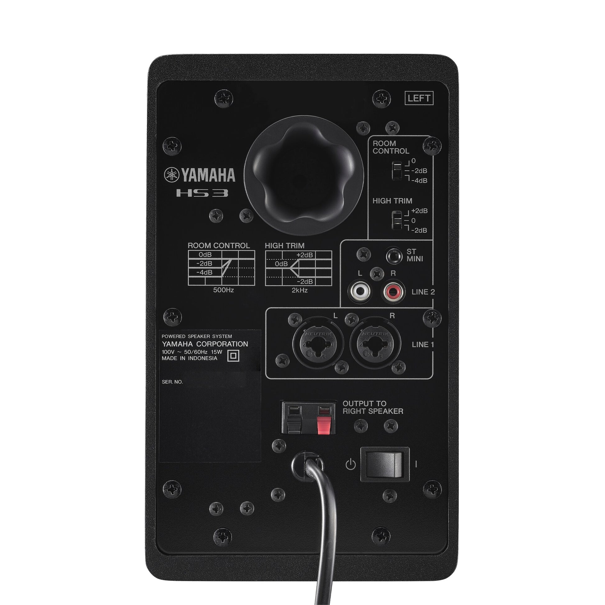 Rear panel of the black Yamaha HS3 left speaker, showing the Room Control and High Trim switches, stereo mini and RCA LINE 2 inputs, combo XLR/TRS LINE 1 inputs and the output terminals to the right speaker