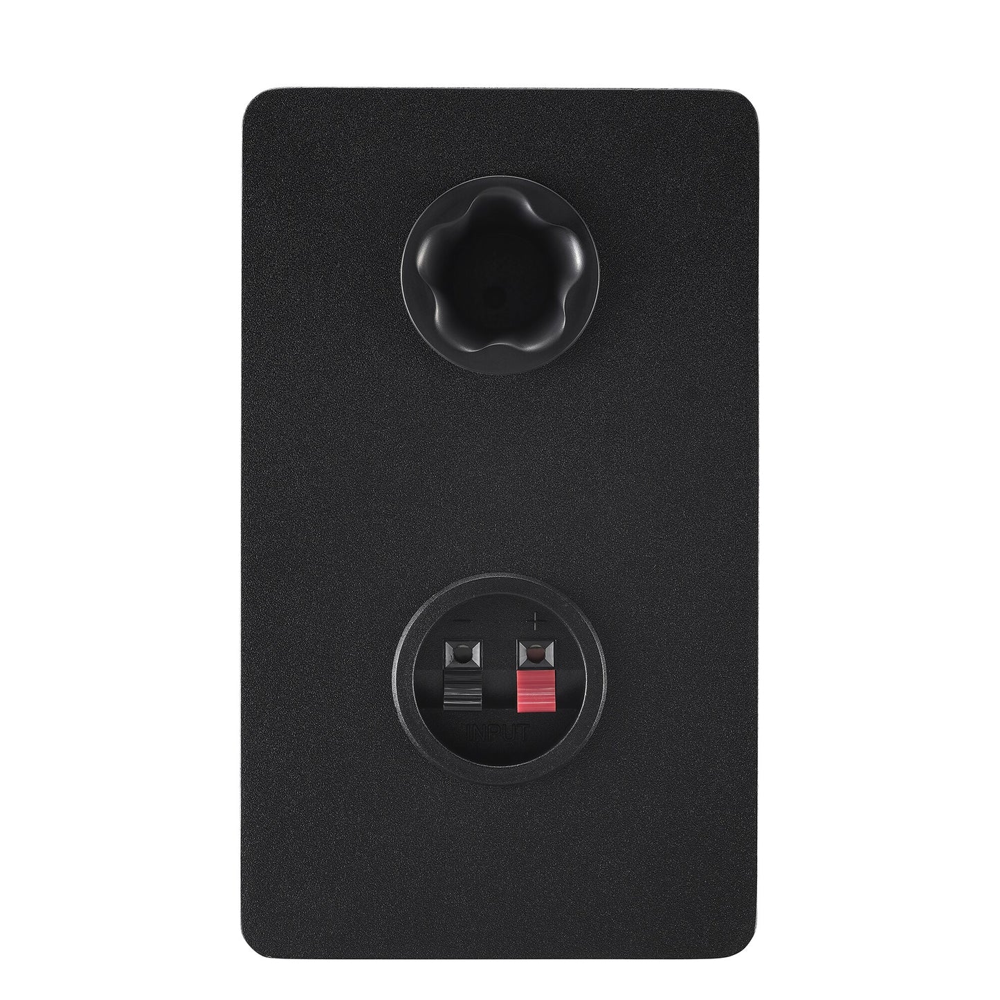 Rear panel of the black Yamaha HS3 right speaker, showing the bass-reflex port and the terminals that connect it to the powered left speaker