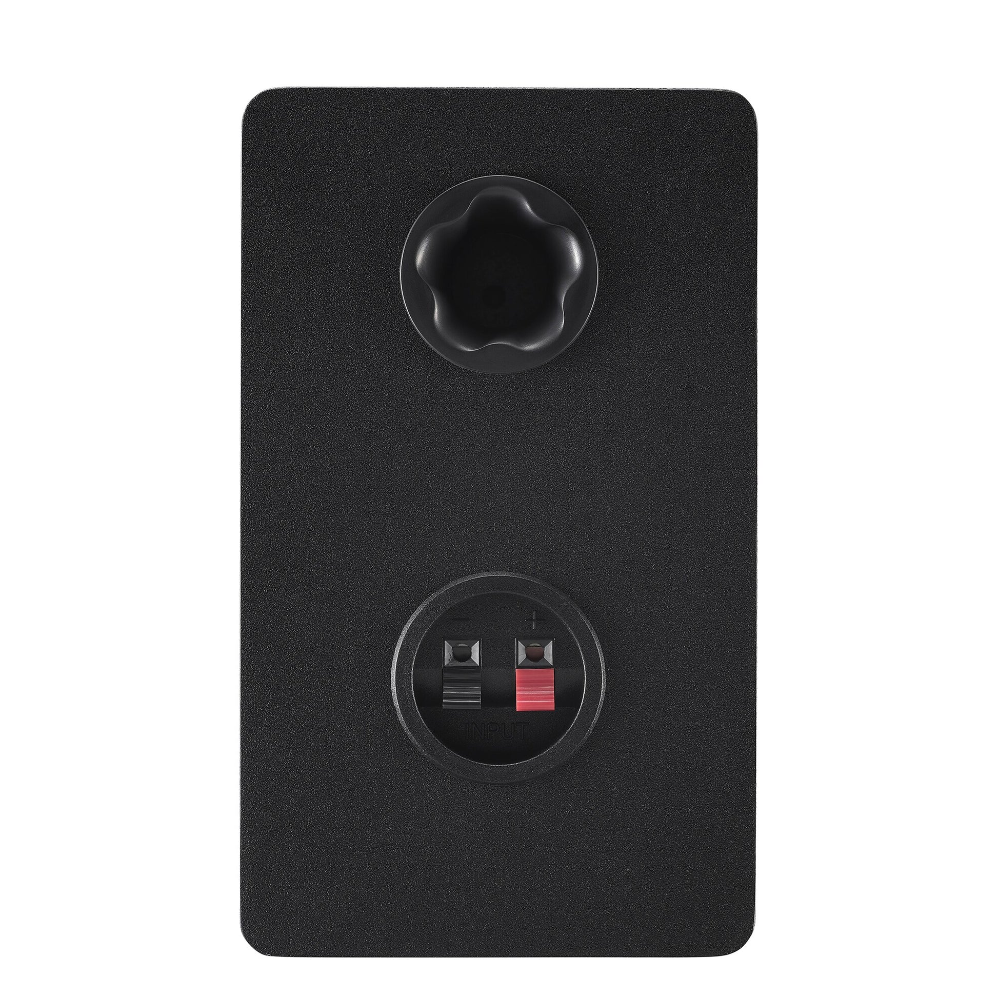 Rear panel of the black Yamaha HS3 right speaker, showing the bass-reflex port and the terminals that connect it to the powered left speaker