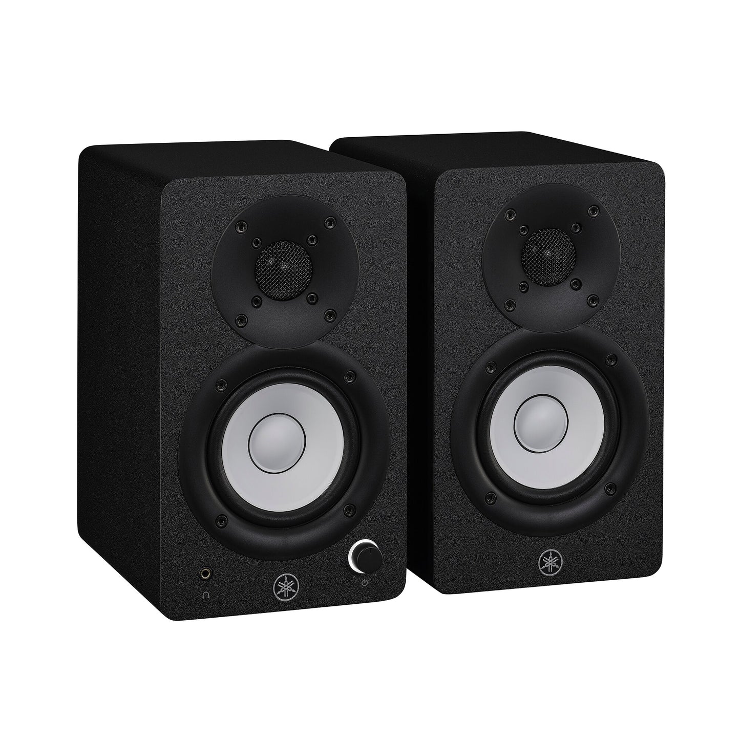Yamaha HS3 powered studio monitors in black, angled pair view, with white cones and the left speaker's front volume knob and headphone jack