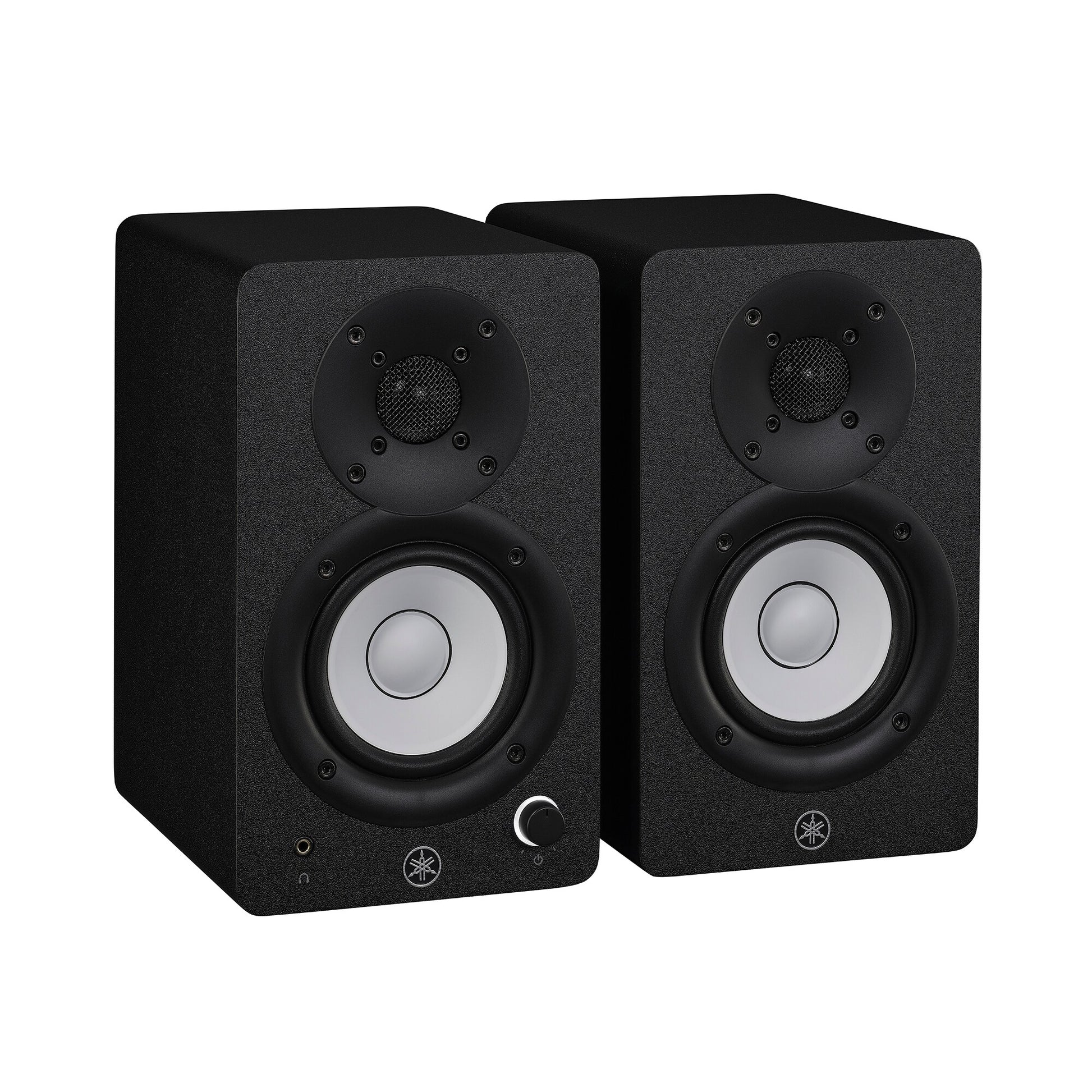 Yamaha HS3 powered studio monitors in black, angled pair view, with white cones and the left speaker's front volume knob and headphone jack