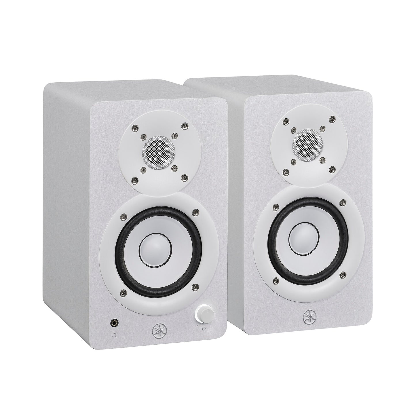 Yamaha HS3 powered studio monitors in white, angled pair view, with the left speaker's front volume knob and headphone jack