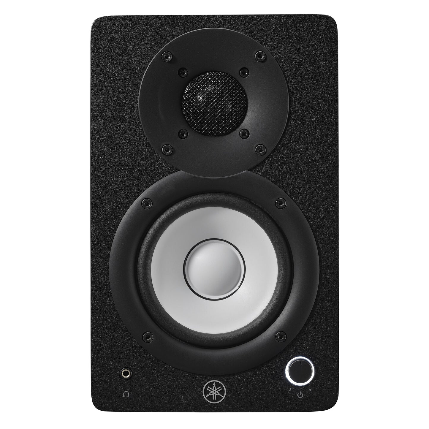 Front view of the black Yamaha HS4 left speaker, showing the 4.5-inch white cone woofer, 1-inch dome tweeter, headphone jack and volume knob