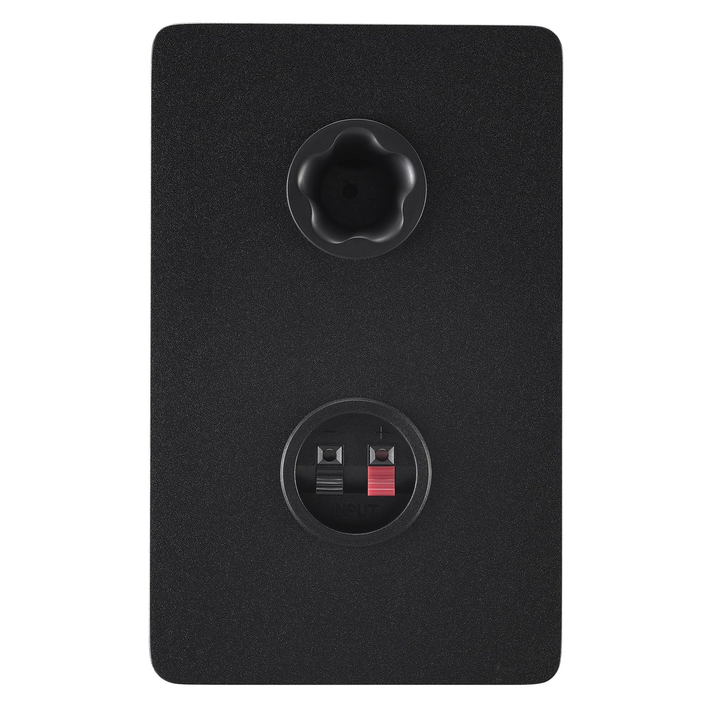 Rear panel of the black Yamaha HS4 right speaker, showing the bass-reflex port and the terminals that connect it to the powered left speaker