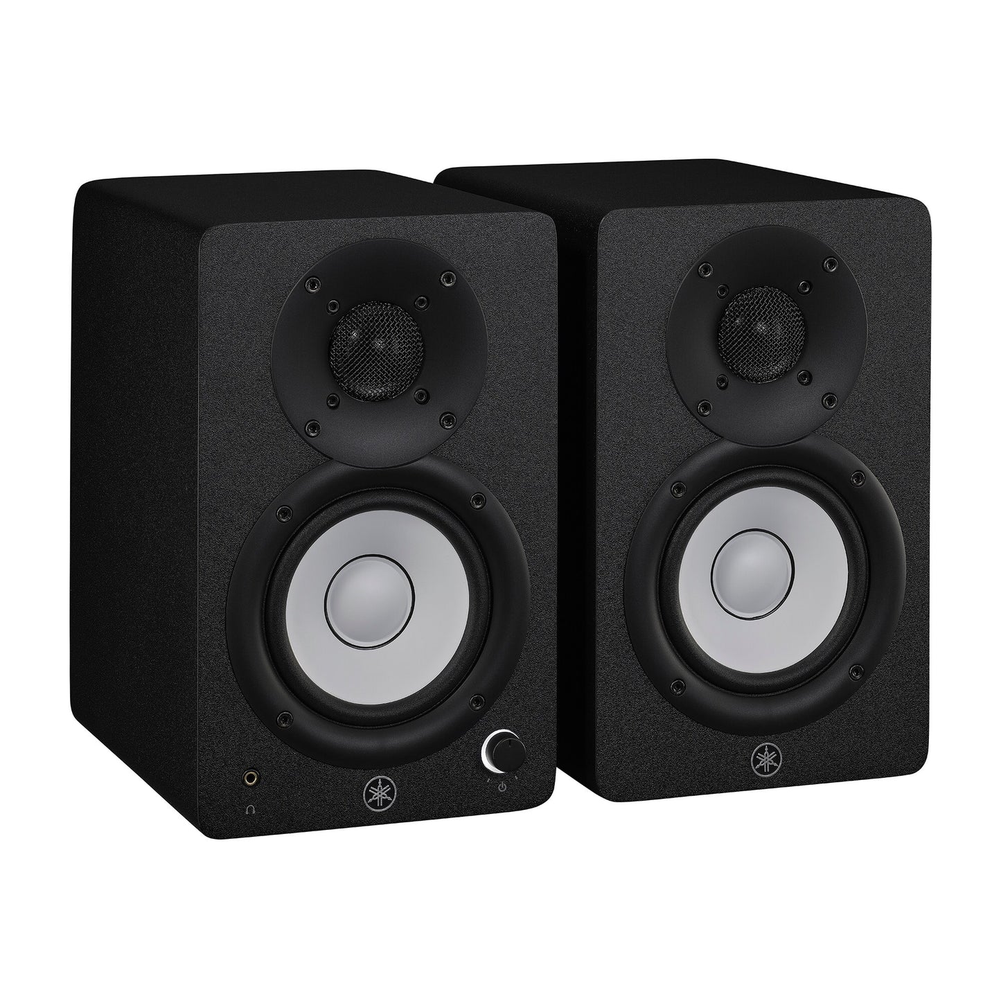 Yamaha HS4 powered studio monitors in black, angled pair view with Yamaha's white cone woofers