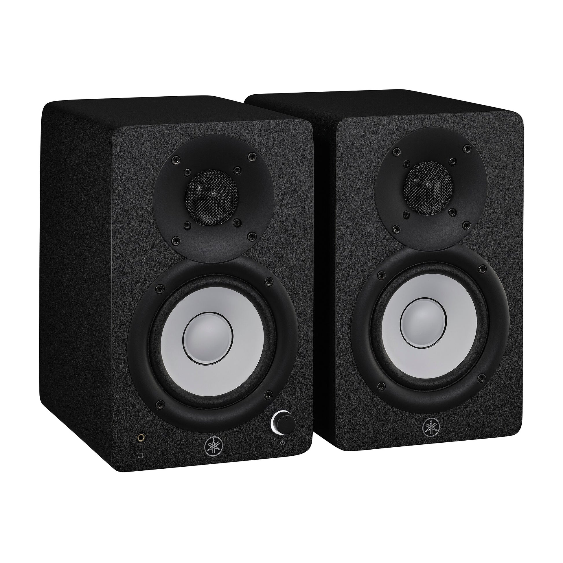 Yamaha HS4 powered studio monitors in black, angled pair view with Yamaha's white cone woofers