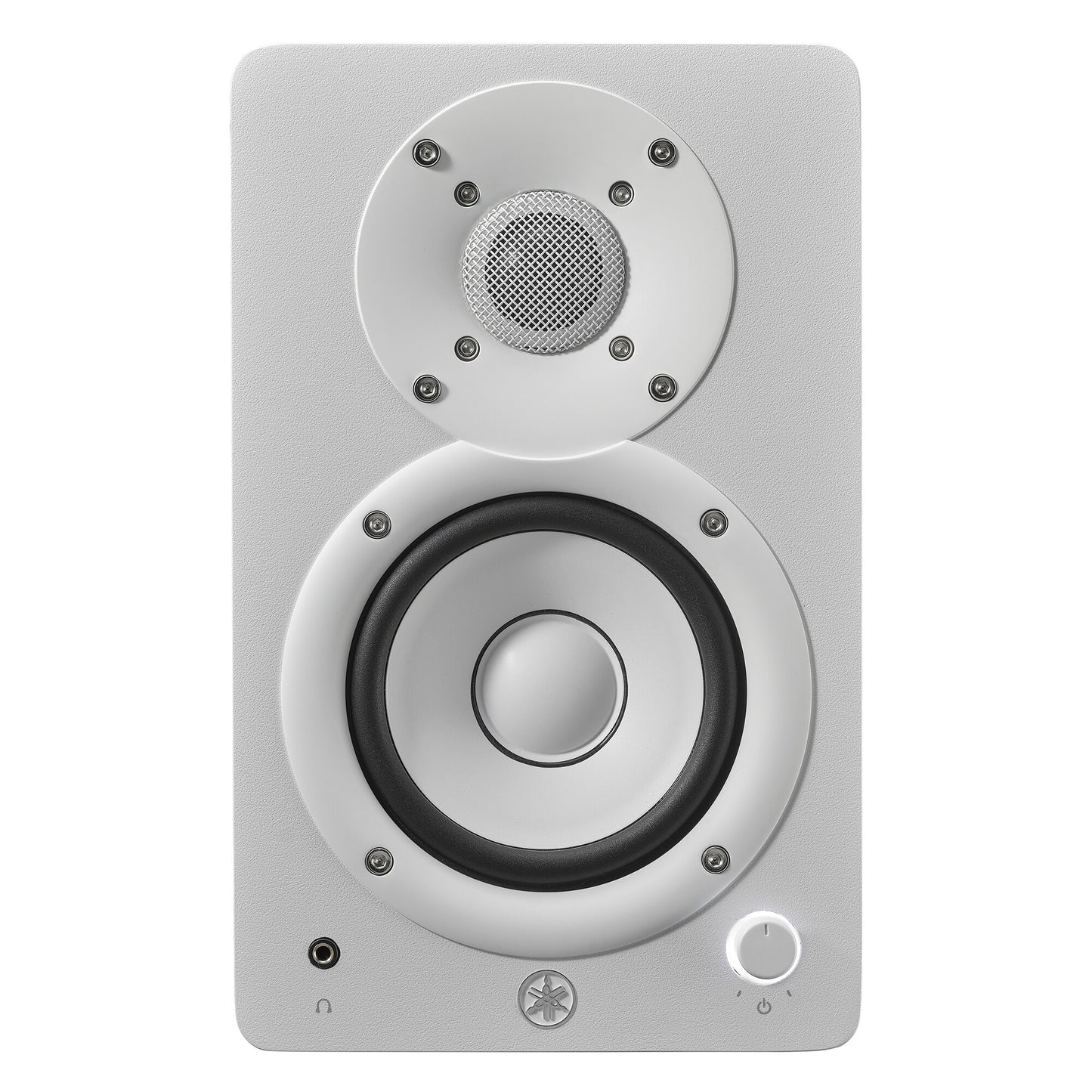 Front view of the white Yamaha HS4 left speaker, showing the woofer, dome tweeter, headphone jack and volume knob