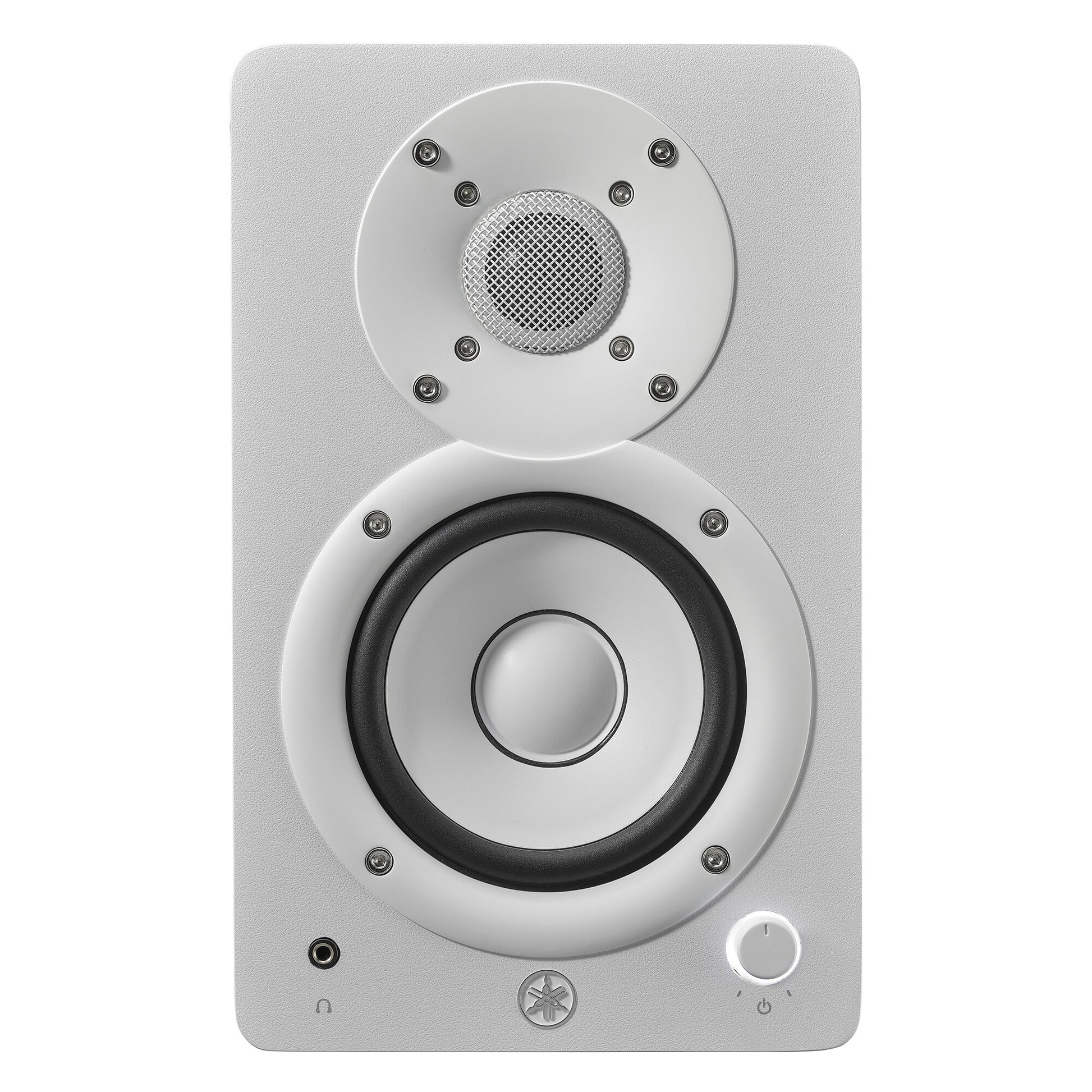Front view of the white Yamaha HS4 left speaker, showing the woofer, dome tweeter, headphone jack and volume knob