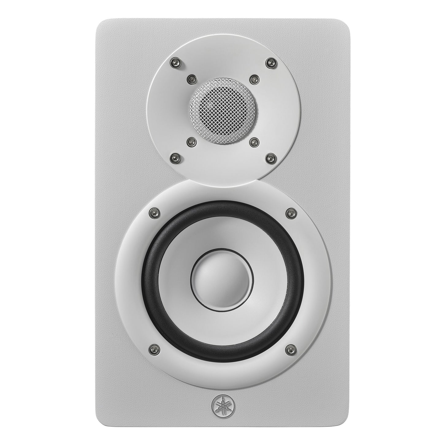 Front view of the white Yamaha HS4 right speaker, showing the 4.5-inch white cone woofer and 1-inch dome tweeter