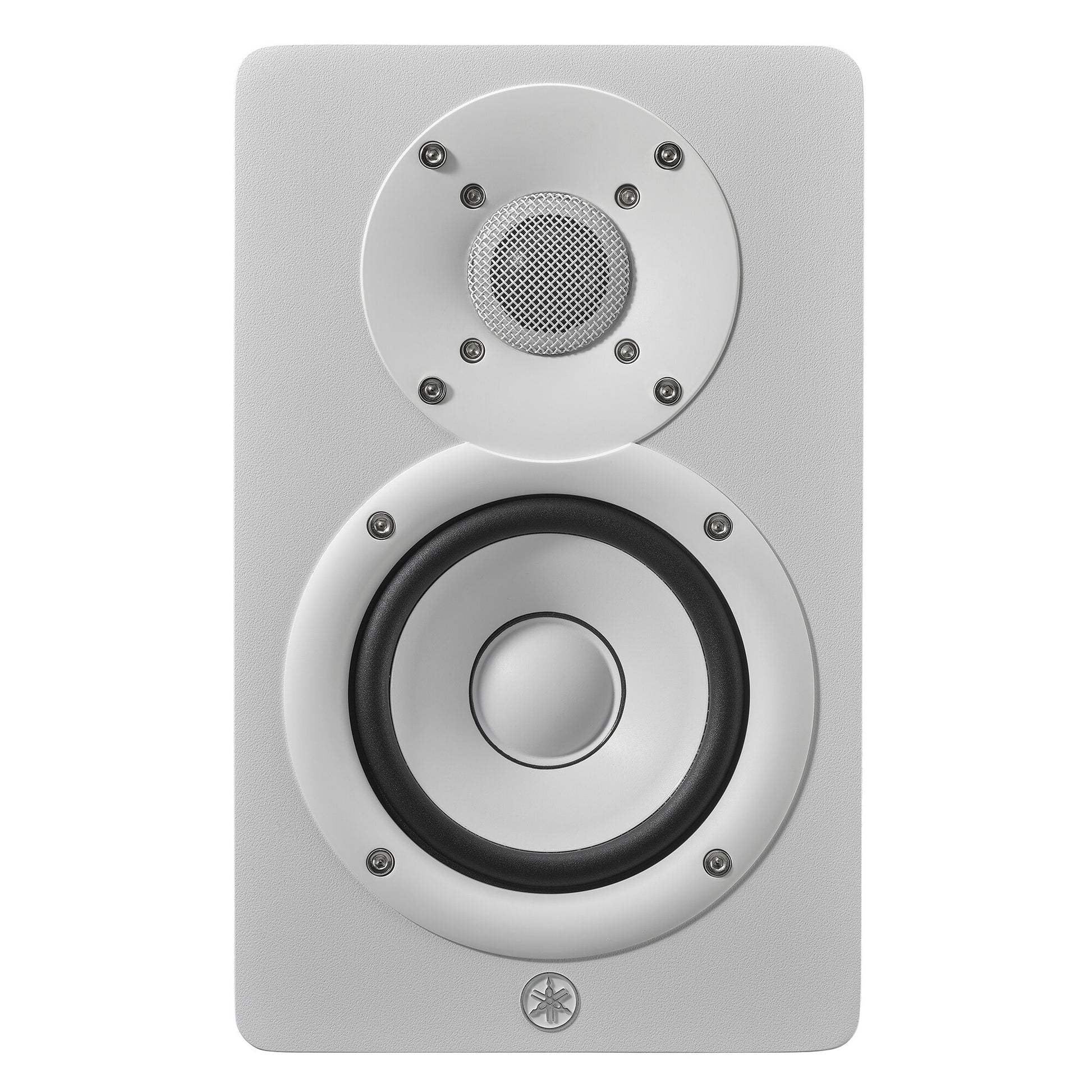 Front view of the white Yamaha HS4 right speaker, showing the 4.5-inch white cone woofer and 1-inch dome tweeter