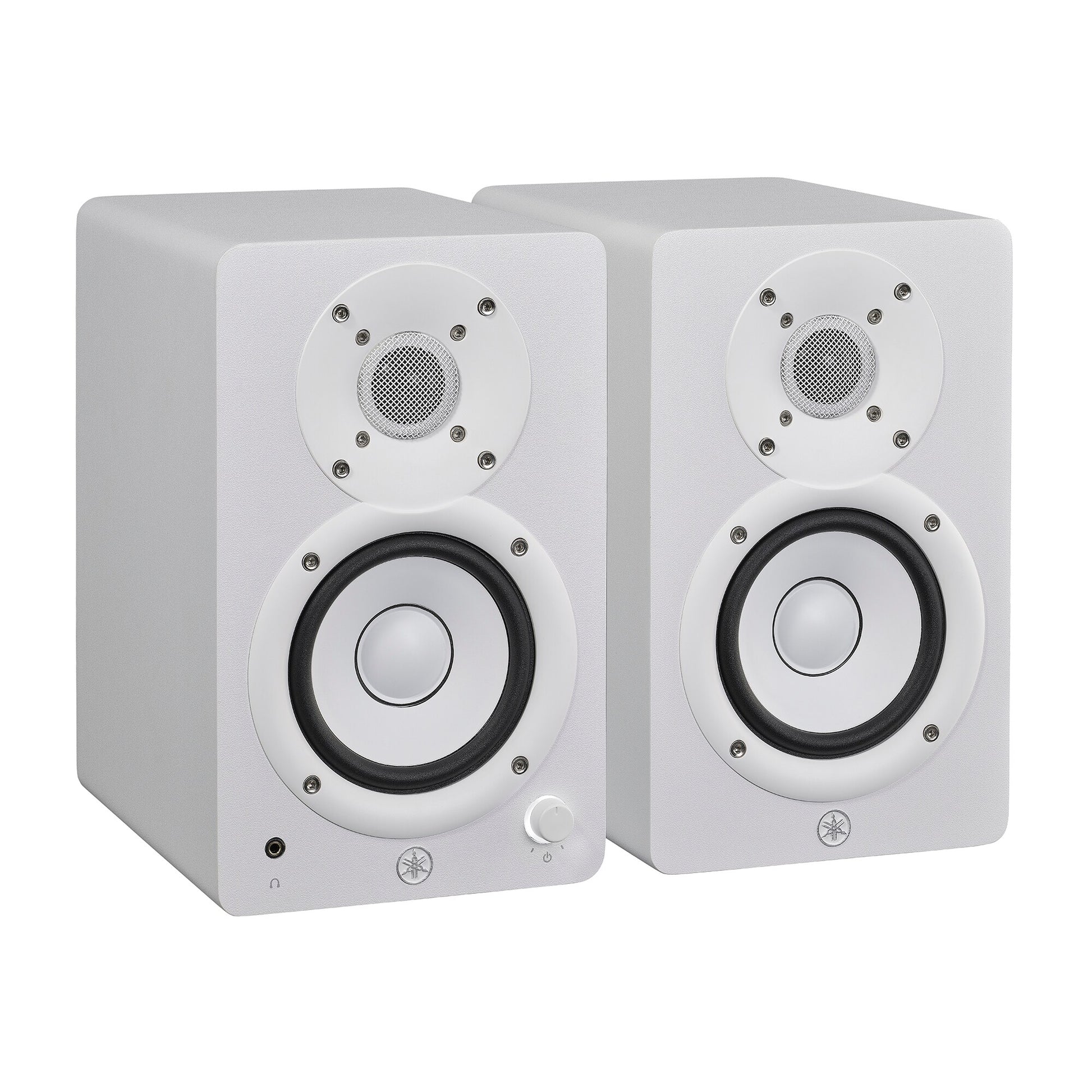 Yamaha HS4 powered studio monitors in white, angled pair view with Yamaha's white cone woofers