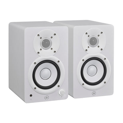 Yamaha HS4 powered studio monitors in white, angled pair view with Yamaha's white cone woofers