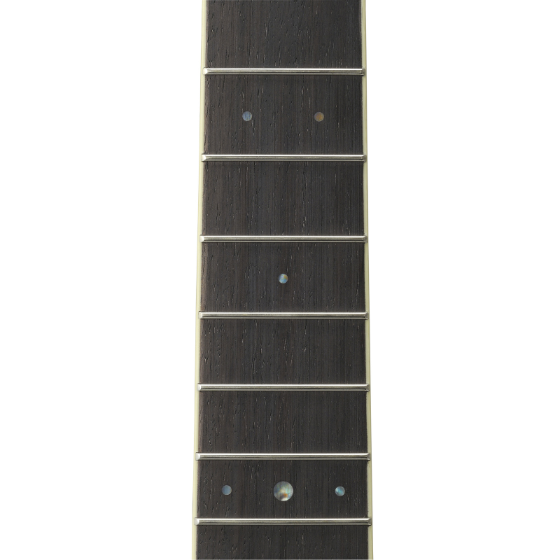 Close-up of the Yamaha LL6 rosewood fingerboard, with bound edges and pearl-style position dots