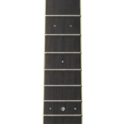 Close-up of the Yamaha LL6 rosewood fingerboard, with bound edges and pearl-style position dots