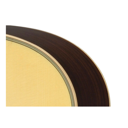 Close-up of the Yamaha LS16 ARE body edge, showing the solid spruce top, maple and black binding, and solid rosewood side