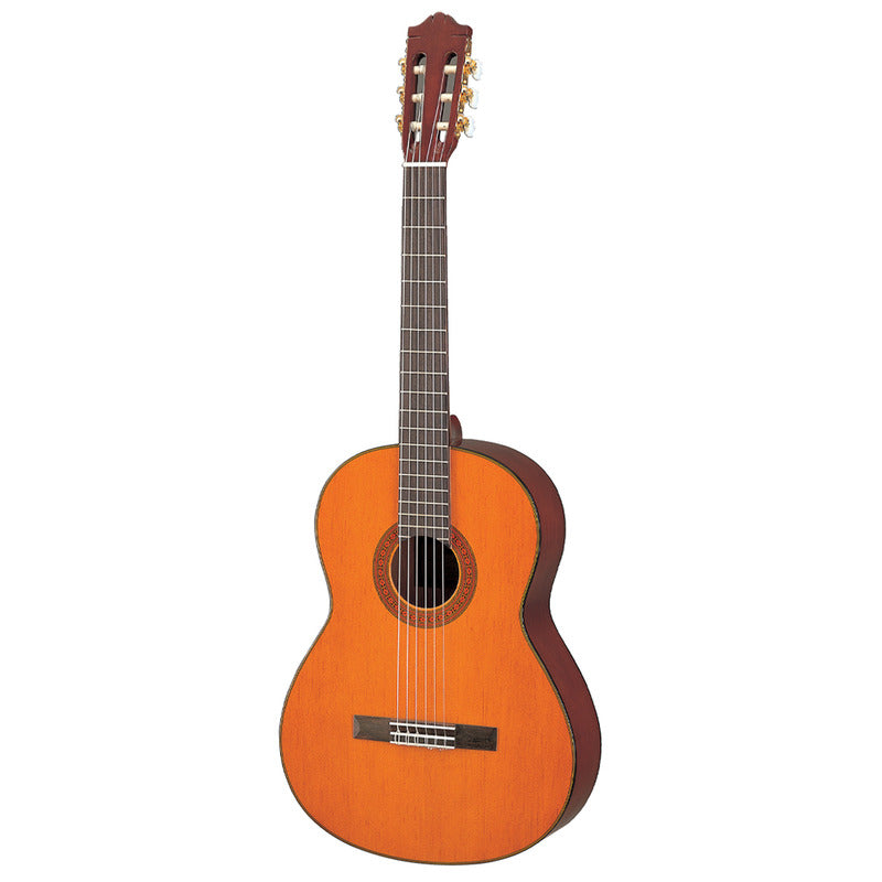 Yamaha C70 full-size nylon-string classical guitar in gloss natural, front view showing the spruce top, decorative rosette, rosewood bridge and slotted headstock with gold tuners