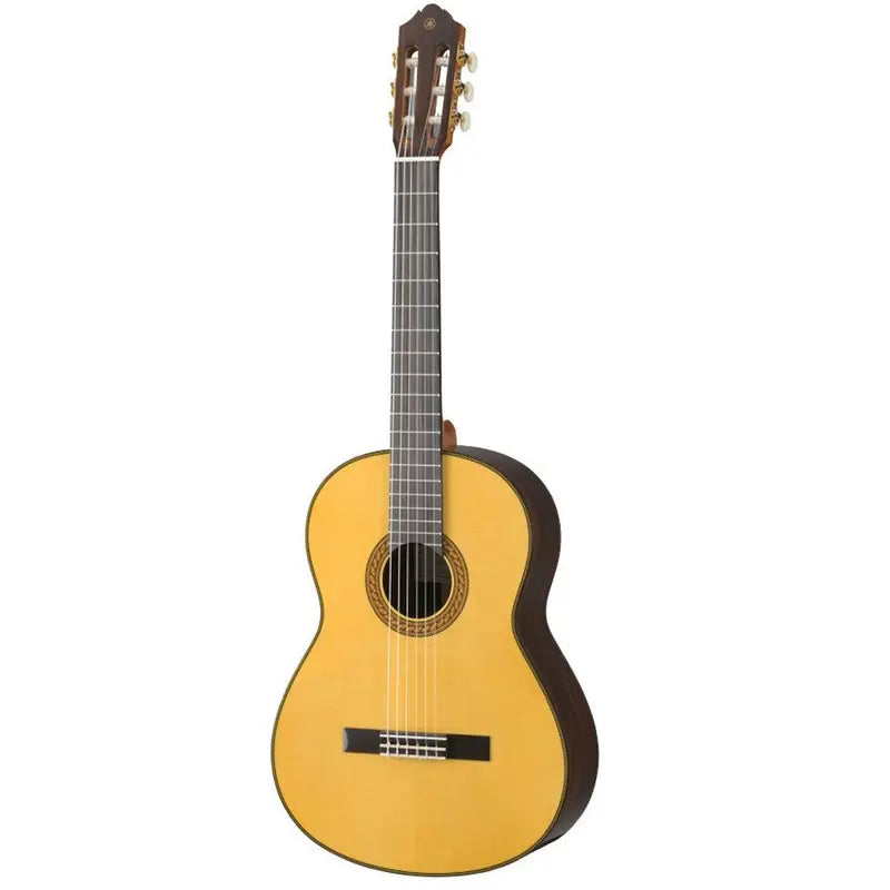 Yamaha CG192S classical guitar, front view showing the pale solid European spruce top, ornate wooden rosette, rosewood sides, ebony fingerboard and slotted headstock with gold tuners