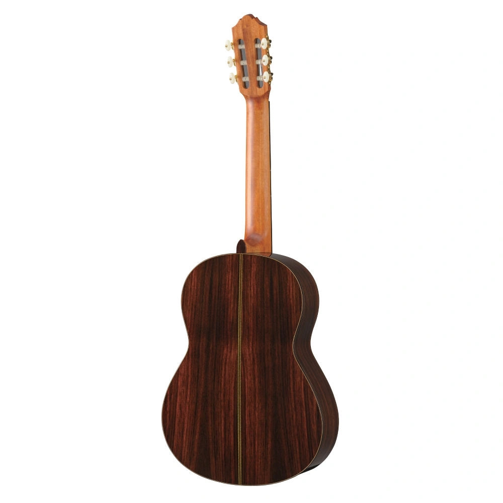 Rear view of the Yamaha CG192S showing the figured rosewood back with a decorative centre strip inlay, African mahogany neck and gold tuners