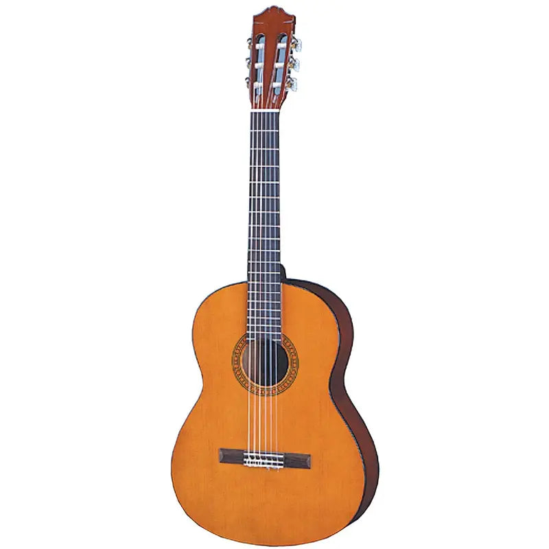 Yamaha CS40 three-quarter size nylon-string classical guitar in gloss natural, front view showing the compact body, spruce top, decorative rosette, rosewood bridge and slotted headstock with chrome tuners