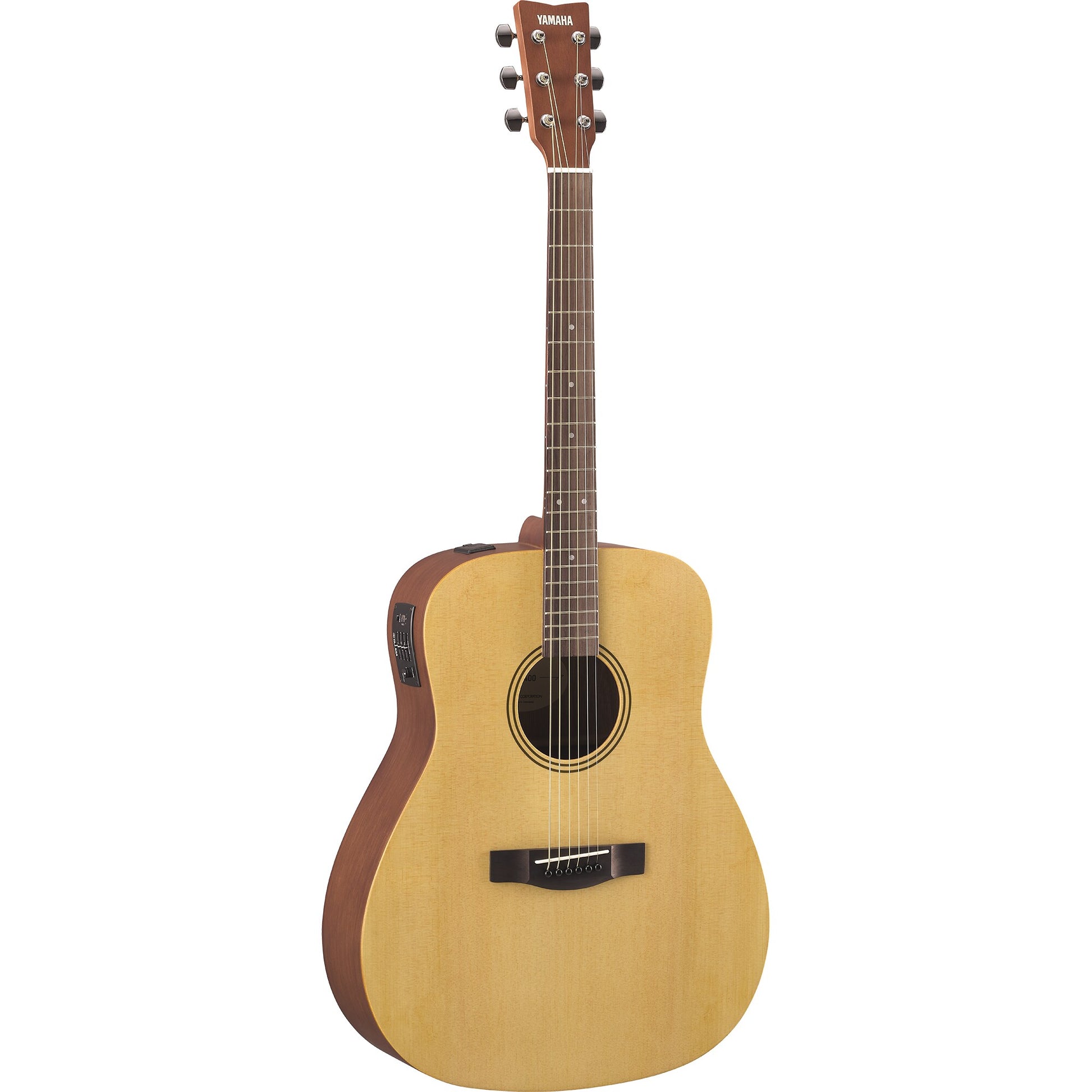 Yamaha FX400 electro-acoustic guitar in Natural Satin, angled front view with SYSTEM75 preamp on the upper bout