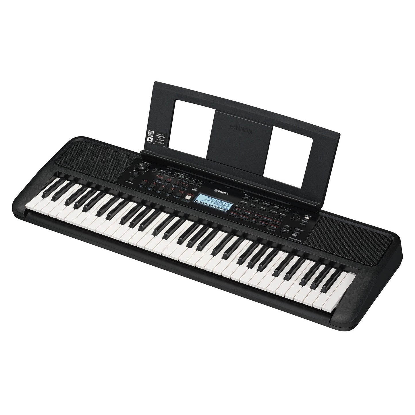 Yamaha PSR-E383 — diagonal side view with music rest